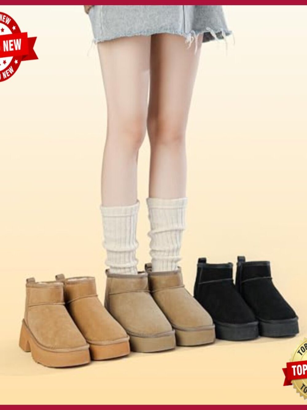 Platform Mini Boots for Women, Fur Lined Ankle Booties, Suede Winter Snow Boots - Picture 7 of 7